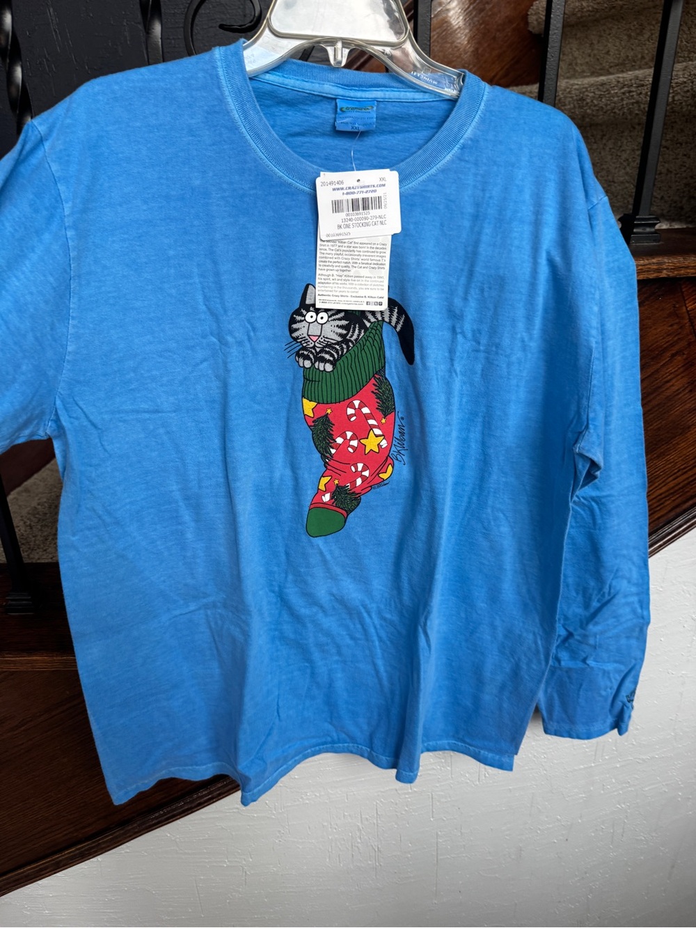 XXL NEW Blue Long Sleeve B. Kliban Crazy Shirts Hawaii Cat Christmas Stocking - Picture 4 of 11